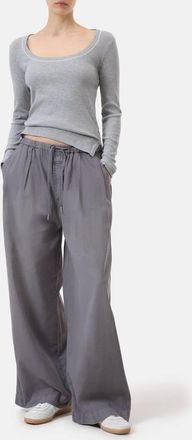 Closed Ribbed Cotton Long Sleeve Top In Light Grey Melange