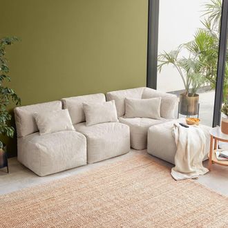 Icon Brand 4pcs Noa Bean Bag, 1x Corner, 2x Recliner, 1x Slab, Jumbo Cord in Cream