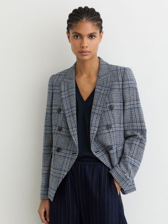 Reiss Navy Check Double-breasted Blazer Cotton-linen, 10