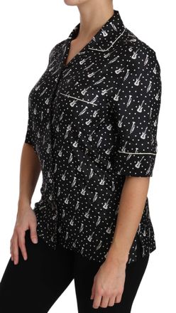 Dolce & Gabbana Black GuitarTrumpet Print Silk Shirt Womens Top
