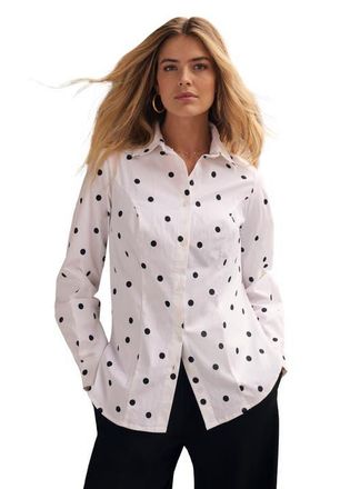 Jessica London Stretch Poplin Shirt in White Black Dot at Nordstrom, Size 14
