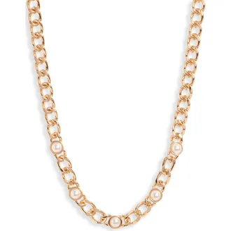Nordstrom Imitation Pearl Accent Curb Chain Necklace in White- Gold at Nordstrom
