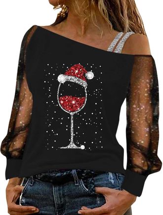 Generic Ladies Party Tops Sparkly Tops for Women UK Party Wear Lace Mesh Sheer Long Sleeve Top Elegant Dressy Blouse Crew Neck Sequin Tee Shirts Trenddy Casua