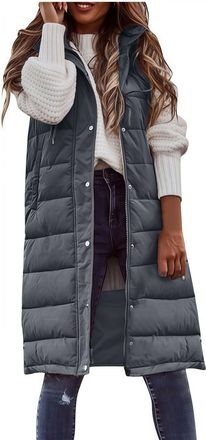 Generic Sleeveless Long Vest for Women Lightweight Puffer Jacket Packable Hooded Down Coat Quilted Vest with Hood Winter