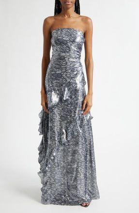 Ramy Brook Dominika Metallic Abstract Print Strapless Silk Blend Gwon in Navy Lurex at Nordstrom, Size 10
