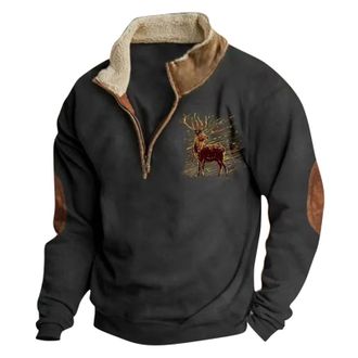 Generic Sweatshirts For Men Uk Deer Print Stand Collar Mens Jumpers Quarter Zip Elbow Patchwork Sweatshirts Long Sleeve Tops Thickened Sport Jumpers Fall Wint