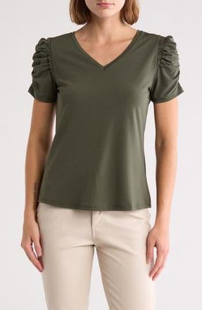 T Tahari Ruched Sleeve V-Neck T-Shirt in Cypress Olive at Nordstrom Rack, Size X-Small