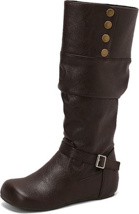 Generic Womens Round Toe PU Leather Knee High Boot Wedge Heel Long Boots with Buckle Pull on Retro Tall Boots,Brown2,10.5 UK