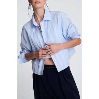 Kenneth Cole Stripe Crop Tuxedo Button-Up Shirt in Cloud Blue at Nordstrom, Size X-Small