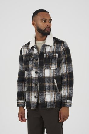 Brave Soul Mens Black Brushed Check Jacket With Sherpa Collar - Size X-Large