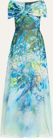 Teri Jon Off-Shoulder Floral-Print Chiffon Gown