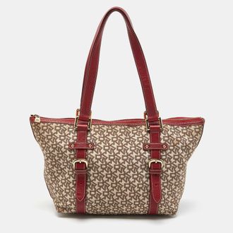 DKNY Dkny Beige/red Signature Canvas And Leather Zip Tote