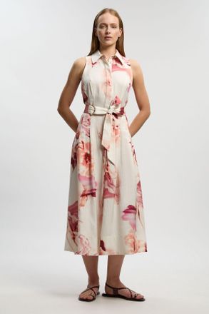 Karen Millen Womens Premium Viscose Linen Floral Top Stitch Halter Neck Woven Midi Dress With D Ring Detail - Size 10 UK