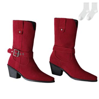 Generic Womens Western Ankle Boots in Suede Look, Fashionable Mid-Calf Boots with Buckle Straps And Comfortable Block Heel, Plus Size Non-Slip Cowboy Boots fo