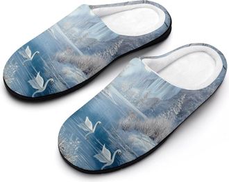 Generic Winter Swans Snowy Mountain Lake Slippers Men Winter Warm Cotton Anti-Slip Indoor Slip-Ons House Shoes