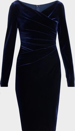 Talbot Runhof Draped Stretch Velvet Long-Sleeve Sheath Dress