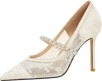 Generic Womens Stiletto Pointed Toe Pumps Sexy Mesh Sparkly Diamante Pearls Wedding Shoes 9.5cm for Bride Prom Party-Numeric_2_Point_5 White