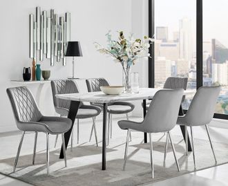 Furniturebox Andria Marble Effect Dining Table With Black Legs & 6 Pesaro Velvet Silver Leg Chairs in Grey