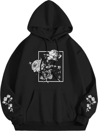 Generic Rose Floral Graphic Hoodie for Men Aesthetic Japanese Cool Hoodies Oversized Trendy Streetwear Pullover Sweatshirt