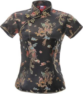 ACVIP Womens Dragon Phoenix Brocade Qipao Top Stand Collar Short Sleeve Chinese Shirt Blouse (UK 18/Chinese 4XL, Black)