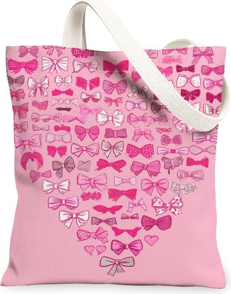 Generic Chic Peach Bows Canvas Tote Bags, Playful Heart Pattern Reusable Grocery Bags, Lightweight Washable Shoulder Strap Canvas F, Peach, 13x15 Inch