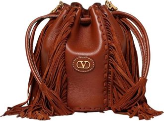 Valentino Garavani Leren Franje Emmertas - Dames - Schoudertassen - Bruin - ONE Size - Su&egrave;de - Tassen