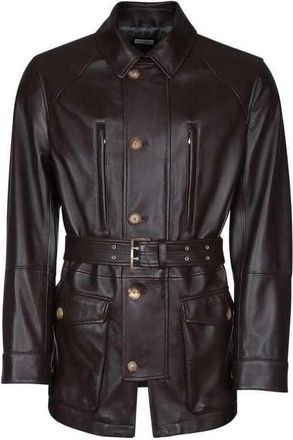 Brunello Cucinelli Dark Brown Leather Belted Jacket, Size X-Large