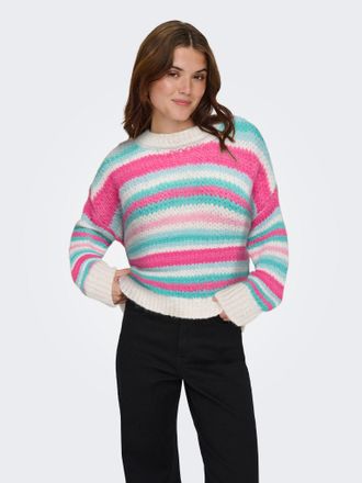 Only Strickpullover ONLY ONLALYSSA LIFE LS STRIPE O-NECK CC KNT, Damen, Gr. XL, birch stripes:aqua s, bright a, fusia p, knout p, sea p, Strick, Obermateri