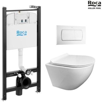 Roca Bastidor Roca Active Pack Cisterna Empotrada Y Pulsador Blanco Con Inodoro Suspendido Round De Kp Blanco Tapa Fina