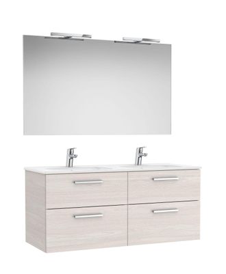 Roca Roca - Pack Mueble De 4 Cajones + Lavabo Doble + Espejo + Apliques Led Victoria Color: Fresno N&oacute;rdico