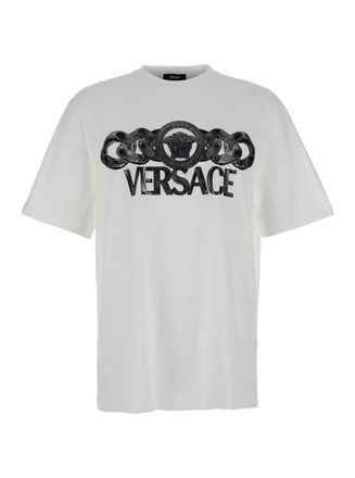 Versace White T-Shirt With Medusa Head Logo Print On The Front In Cotton Man