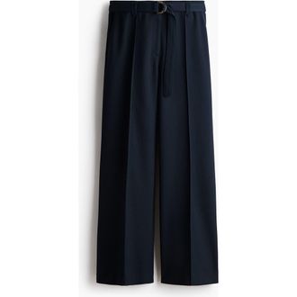 H&M Flared Belted Trousers in Navy Blue at Nordstrom, Size 16