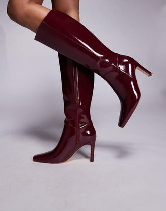 Public Desire Pose - Stivali al ginocchio bordeaux con tacco e punta squadrata-Rosso