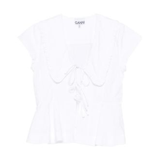 Ganni Overhemden, Dames, Wit, M, Katoen, Katoenen Poplin Peplum Strik Blouse