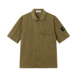 Stone Island Logo Shirt - Heren - Korte mouwen Overhemden - Groen - S - Katoen - Overhemden