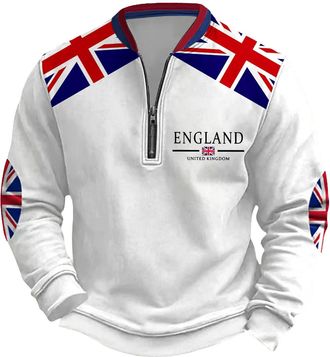 Generic Mens Union Jack Sweatshirt Long Sleeve Half Zip Jumpers Bunting Flags Print Great Britain Pullover Winter Warm Tops Plus Size (A3-White, XXL)