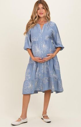 Pinkblush Embroidered Tiered Midi Shirt Dress in Blue at Nordstrom, Size Medium