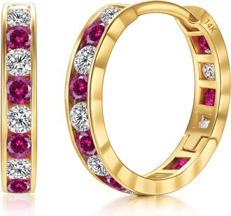 MAX + STONE Solid 14K Yellow Gold Cubic Zirconia Huggie Hoop Earrings in White, Pink or Red