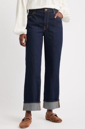 Treasure & Bond Cuffed High Waist Stretch Denim Straight Leg Jeans in True Indigo Wash at Nordstrom Rack, Size 26