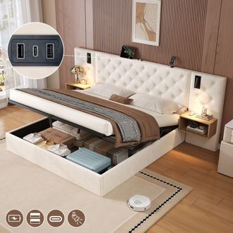 Matteo Bed Frame with Tufted Wide Headboard & Storage in Beige | Size: King