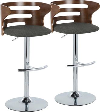 Cosi Mid-Century Modern Adjustable Barstool with Swivel in Chrome Metal, Walnut Wood and Charcoal Fabric with Rounded T Footrest - Set of 2