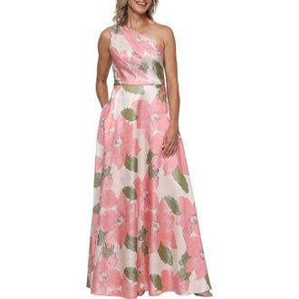 Alex Evenings Metallic Floral One-Shoulder Gown in Coral Multi at Nordstrom, Size 12