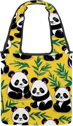 Generic Cute Panda on Yellow Reversible Canvas Shoulder Tote - Double-Sided Print, 12oz Cotton, 27cm Drop, Fold-Flat Bag for Travel, Shopping, Street Outings