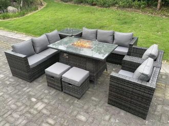 Fimous 10 Seater Outdoor Rattan Gas Fire Pit Table Heater Lounge Chairs Footstools in Dark Grey