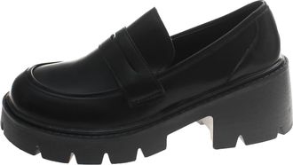 Generic Women Casual Autumn Slip On Shoes Leather Thick Sole Square Heel Round Toe Comfortable Walking Footwear (Black, 4.5)