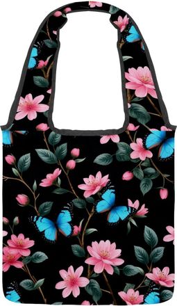 Generic Butterflies Florals Reversible Canvas Shoulder Tote - Double-Sided Print, 12oz Cotton, 27cm Drop, Fold-Flat Bag for Travel, Shopping, Street Outings