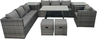 Fimous Fimous Rattan Dining Table Sofa Set with 2 Side Tables 2 Small Footstools Outdoor 9 Seat Garden Furniture Set Dark Grey Mixed