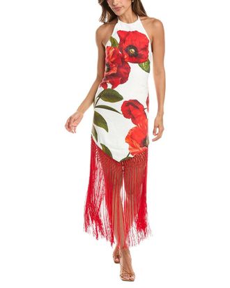 Alice & Olivia Alice + Olivia Mallory Halter Neck Fringe Hem Linen-Blend Midi Dress