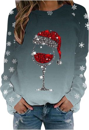 Generic 2025 Womens Long Sleeve Christmas Sweatshirt - Round Neck Casual Warm Pullover Chic and Elegant Pattern Wine Glass Red Loose Versatile Autumn Winter C