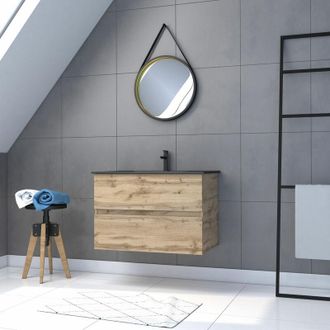 Aurlane Mueble Baño Suspendido 80x54 - Acabado Roble + Lavabo negro + Espejo